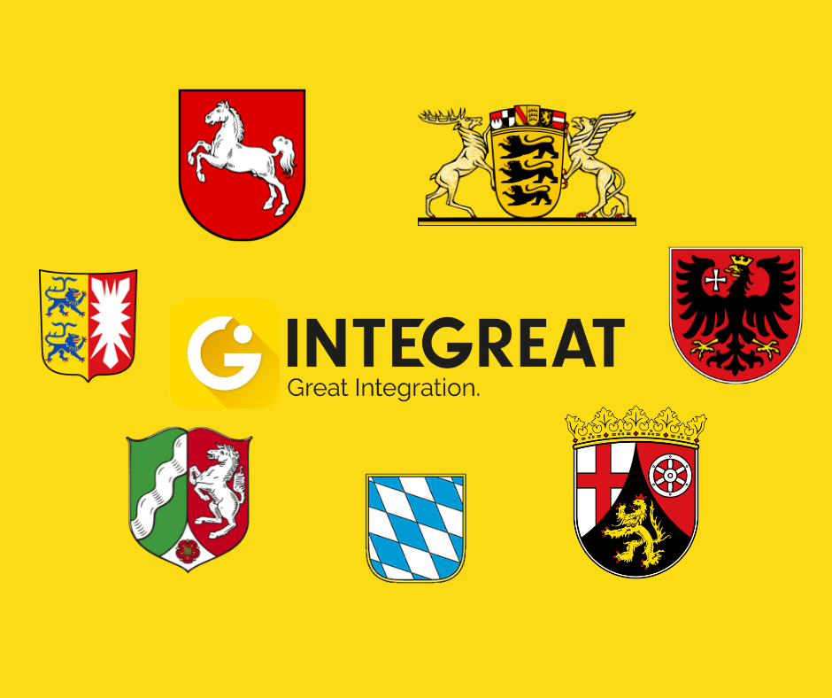 Integreat Logo und die Wappen von sieben Bundesländern