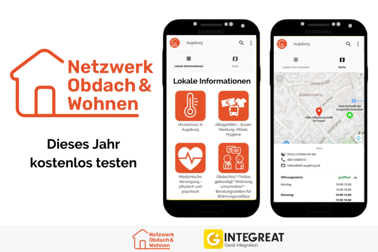 Screenshots aus der Web-App "Netzwerk Obdach & Wohnen" für die digitale Wohnungslosenhilfe