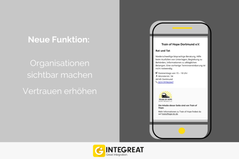 Es wird ein Screenshot der Integreat-App in Dortmund gezeigt. Dort sieht man, dass diese Seite von der Organisation "Train of Hope" gepflegt wird.