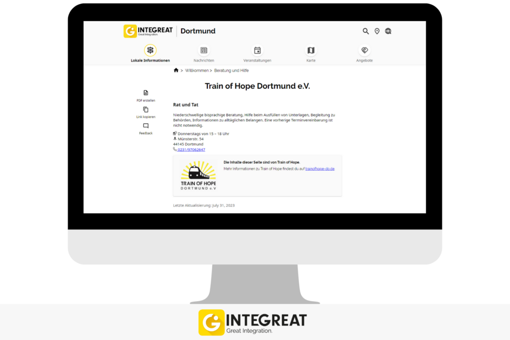 Screenshot von der Integreat-Seite "Train of Hope Dortmund e.V." in der Integreat Web-App. 